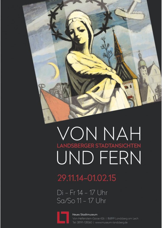 Plakat der Ausstellung Von Nah und Fern, gemalte Marienfigur auf schwarzem Grund