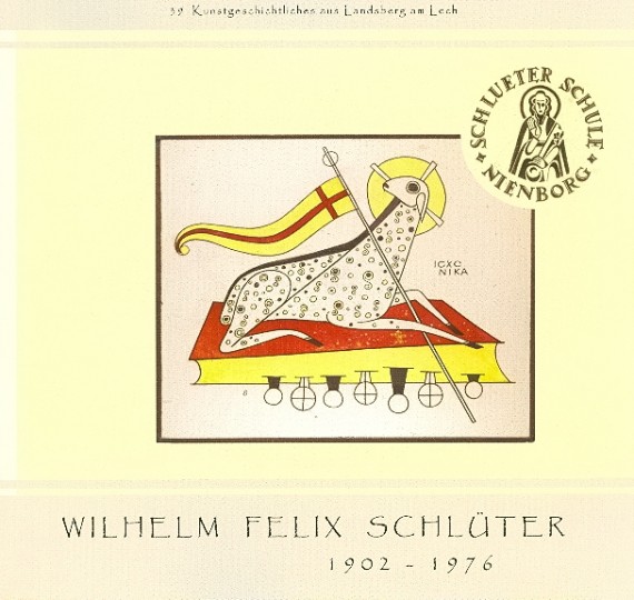 Titelbild von &quot;Wilhelm Felix Schlüter 1902-1976&quot; mit Abbildung eines gezeichneten Opferlamms und Logo der Schlüter Schule Nienborg