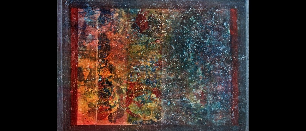 Abstraktes Acrylgemälde mit Farbübergang von Rottönen zu Blautönen