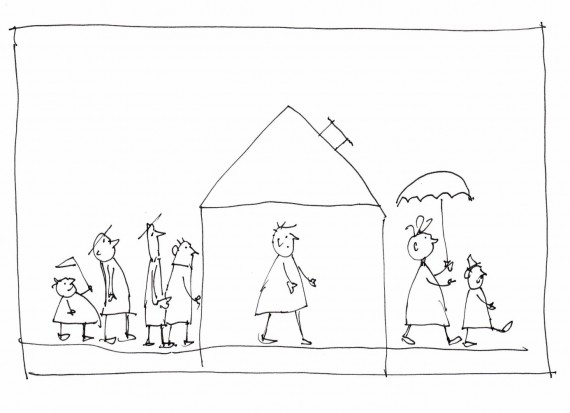 Zeichnung einer Reihe von Männern vor, im und hinter dem Haus