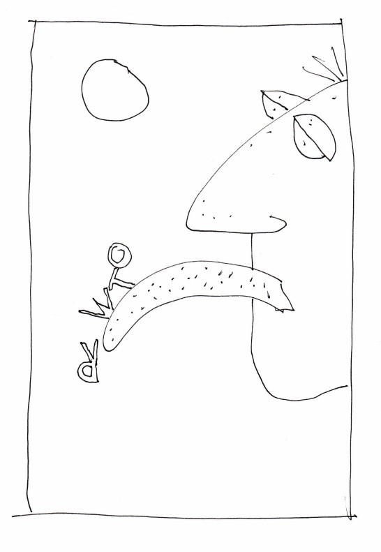 Zeichnung eines Kopfes, von dessen herausgestreckter Zunge die Buchstaben R, W, T und O purzeln
