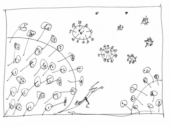 Zeichnung durch den Raum schwebender Coronaviren