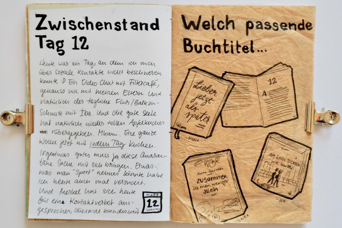 Doppelseite eines Tagebuchs, links Text zu Tag 12 in Quarantäne, rechts passende Buchtitel