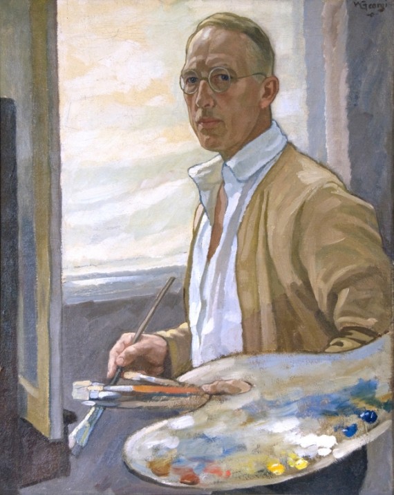 Selbstporträt von Walter Georgi beim Malen auf Leinwand, in den Händen Pinsel und Malerpalette. 
