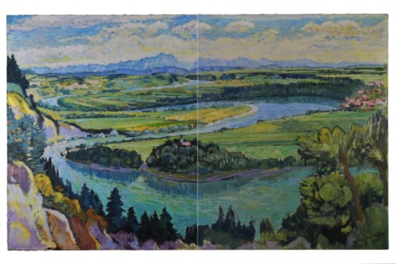 Zur Hälfte restauriertes Gemälde der Lechschleife am Lorenzberg, im Vordergrund der hellblaue Lech, im Hintergrund die Alpen.