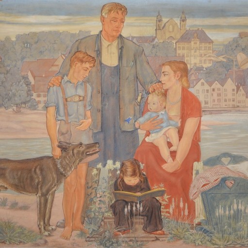 Eltern mit drei Kindern und Hund am Landsberger Lech, Link zur Seite Hermann Croissants &quot;Lebensalter&quot;