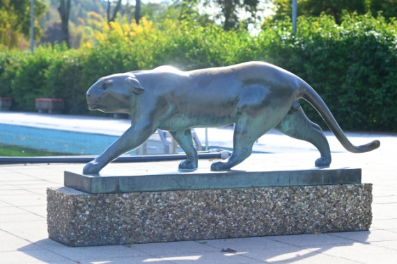 Panther-Skulptur aus Bronze am Rande des Schwimmerbeckens