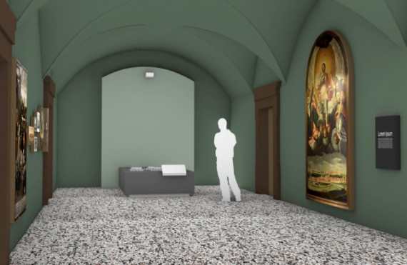 Gestaltungsentwurf eines grün gestrichenen Flurs mit Kreuzgeölbe, an den Wänden hängen Gemälde, an der Stirnseite nähert sich eine Person einem Stadtmodell.