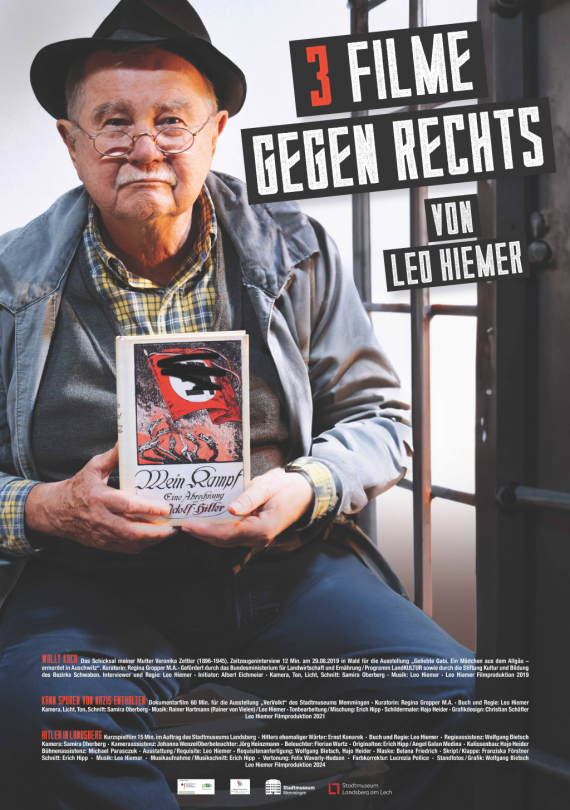 Filmplakat &quot;3 Filme gegen Rechts von Leo Hiemer&quot;. Ein älterer Herr hält eine Ausgabe von &quot;Mein Kampf&quot;.