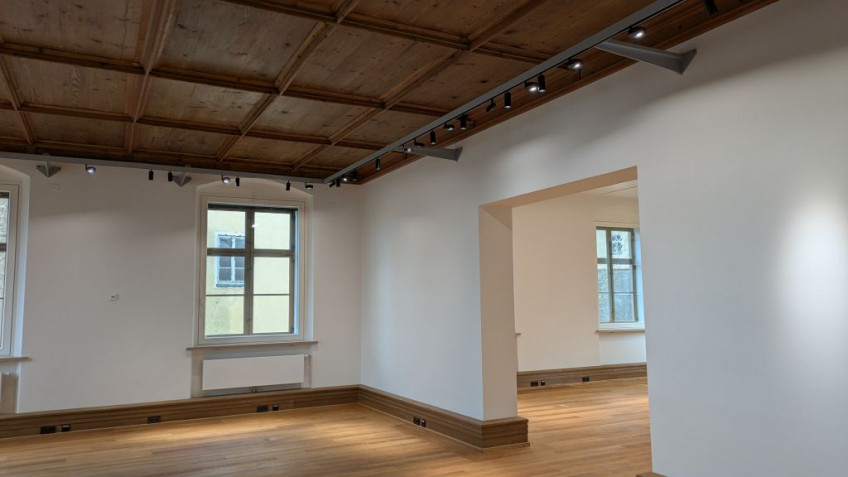 Unter der Holzdecke h&auml;ngen viele Leuchten in einer Lichtschiene und beleuchten Boden und W&auml;nde.