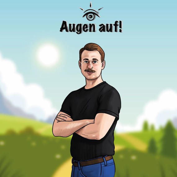 Illustration einer M&auml;nnerfigur mit verschr&auml;nkten Armen, dar&uuml;ber ein Augensymbol und die Aufschrift "Augen auf!"